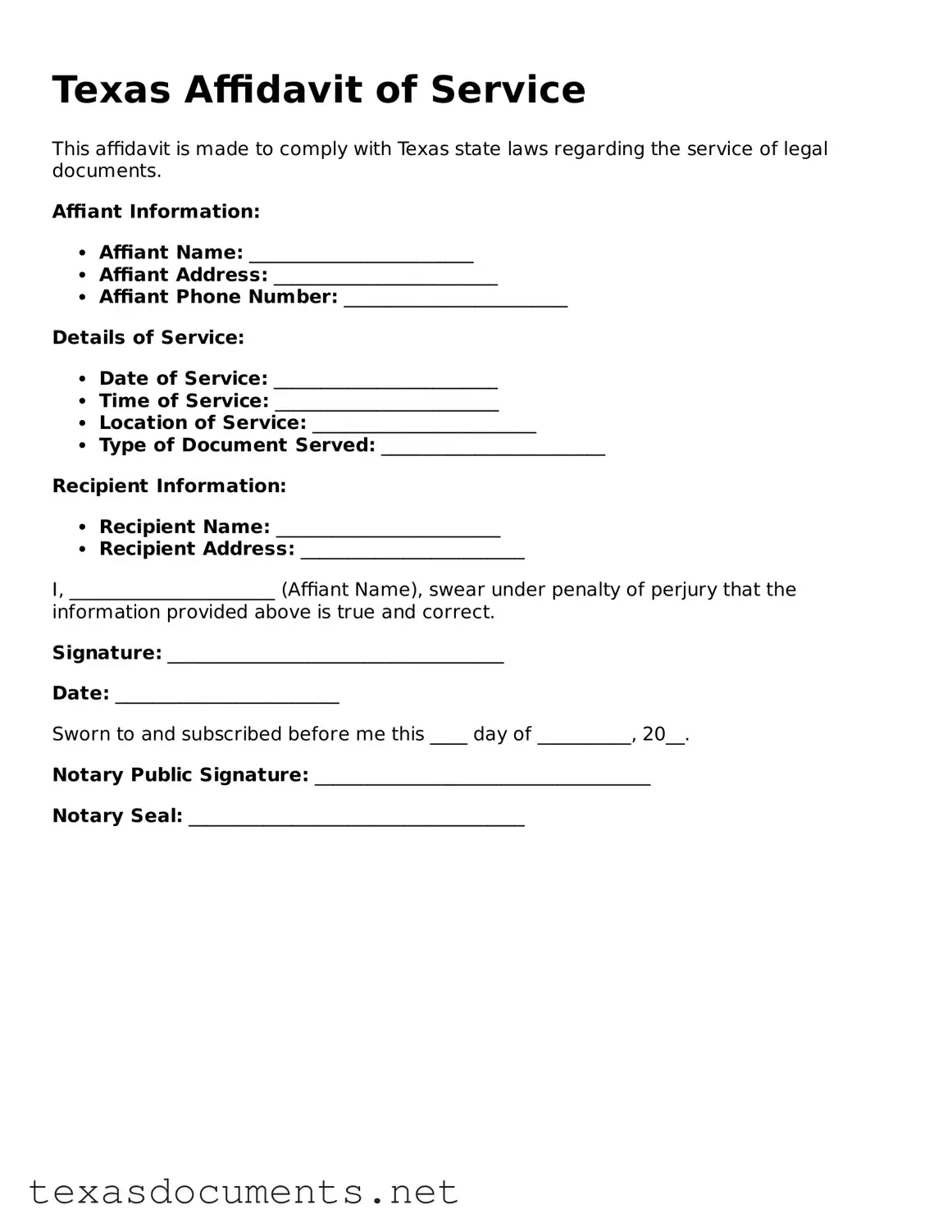 Fillable  Affidavit of Service Template for Texas