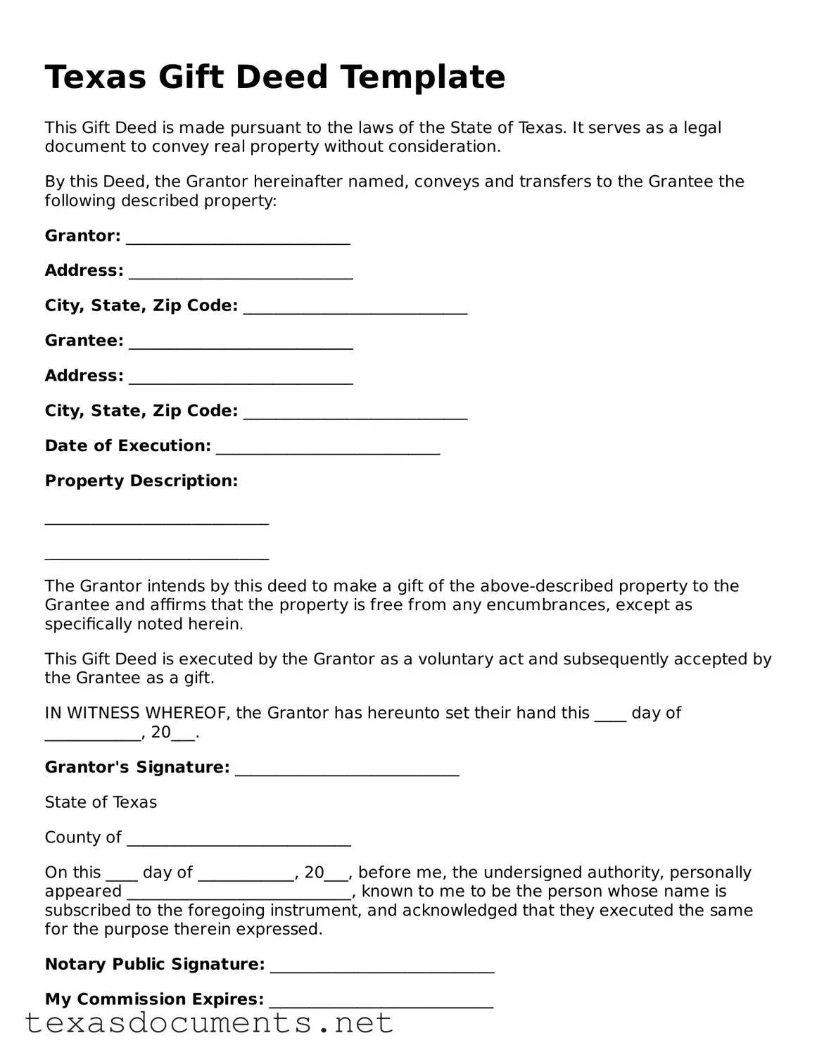 Fillable  Gift Deed Template for Texas