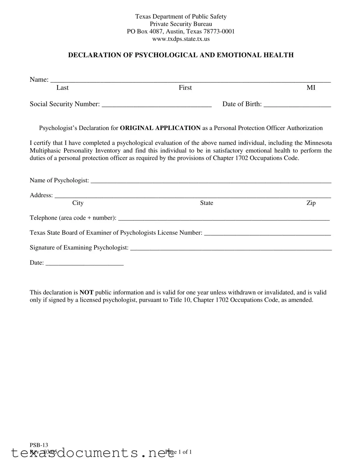 Fill Your Texas Psb 13 Form
