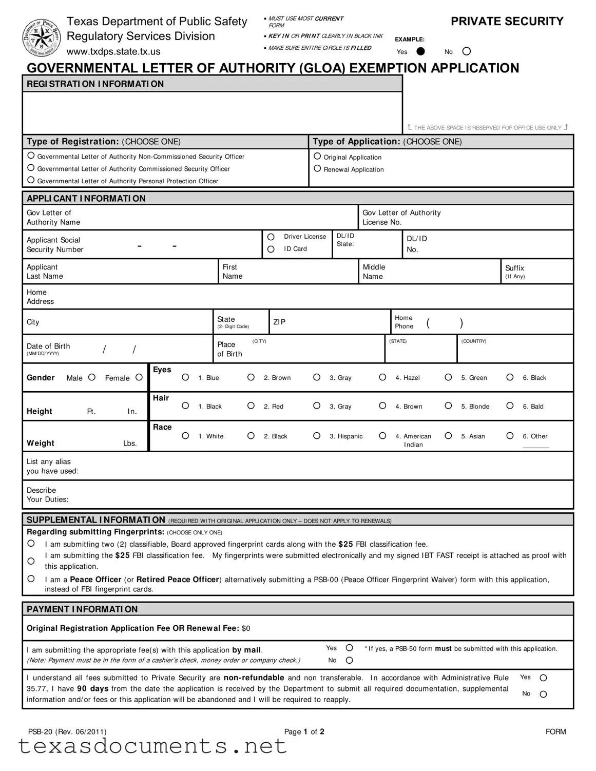Fill Your Texas Psb 20 Form