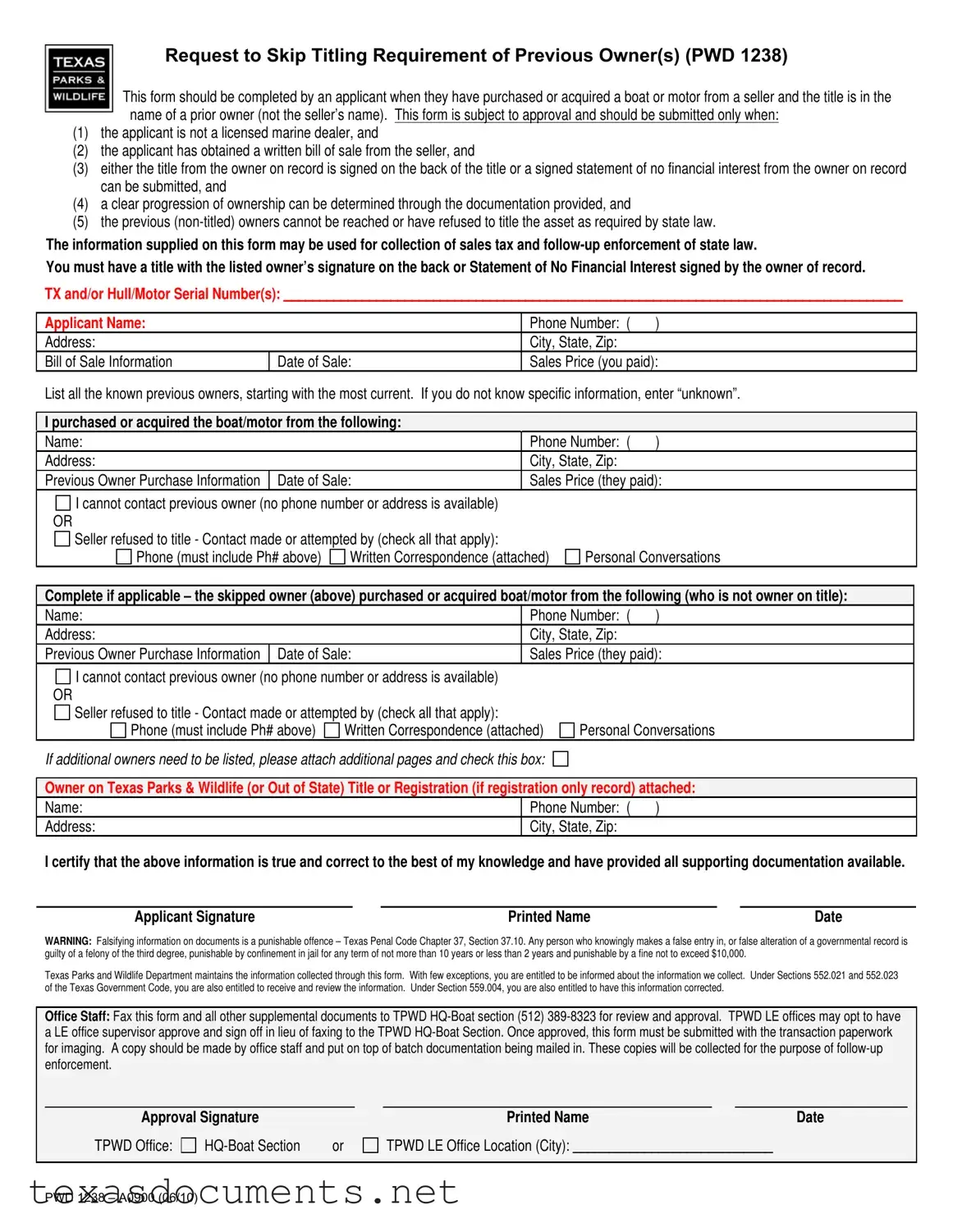 Fill Your Texas Pwd 1238 Form