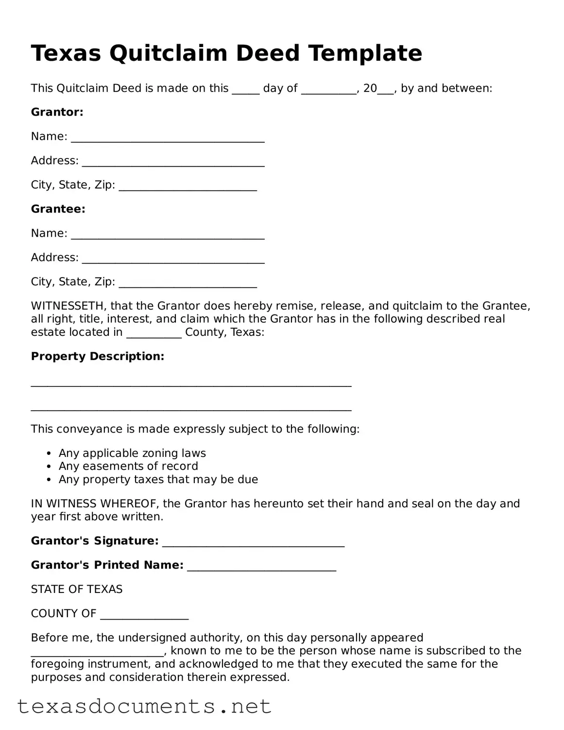 Fillable  Quitclaim Deed Template for Texas