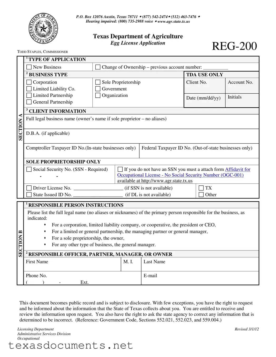 Fill Your Texas Reg 200 Form