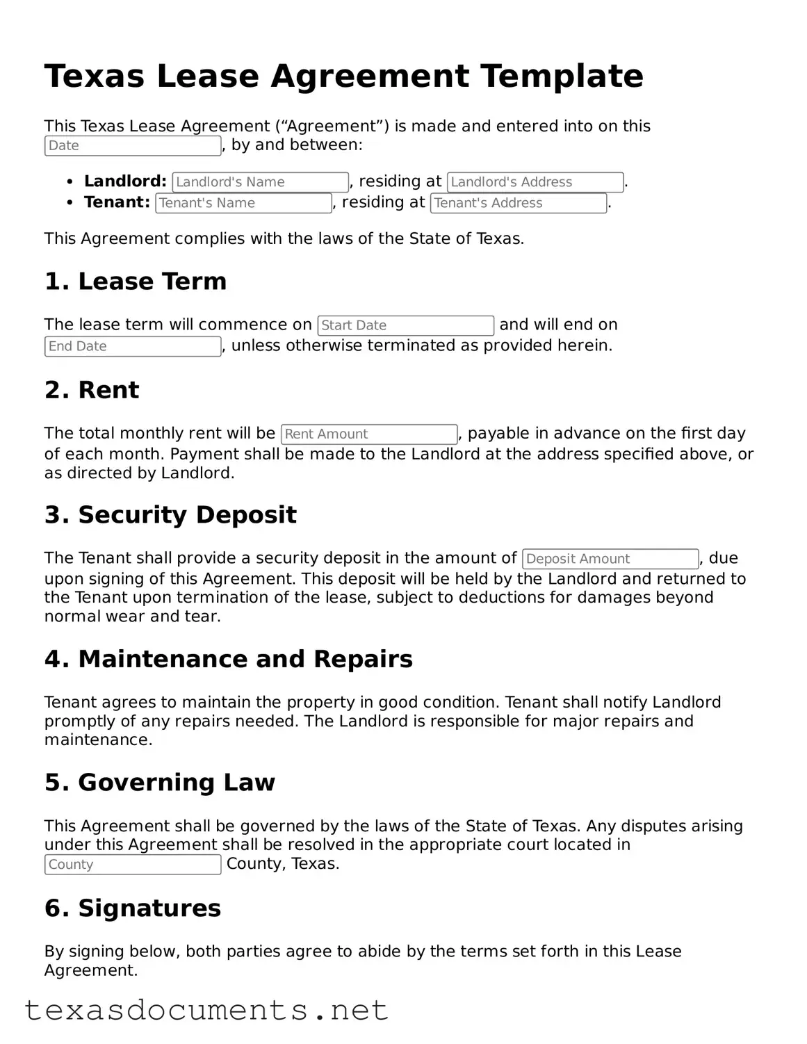 Fillable  Lease Agreement Template for Texas