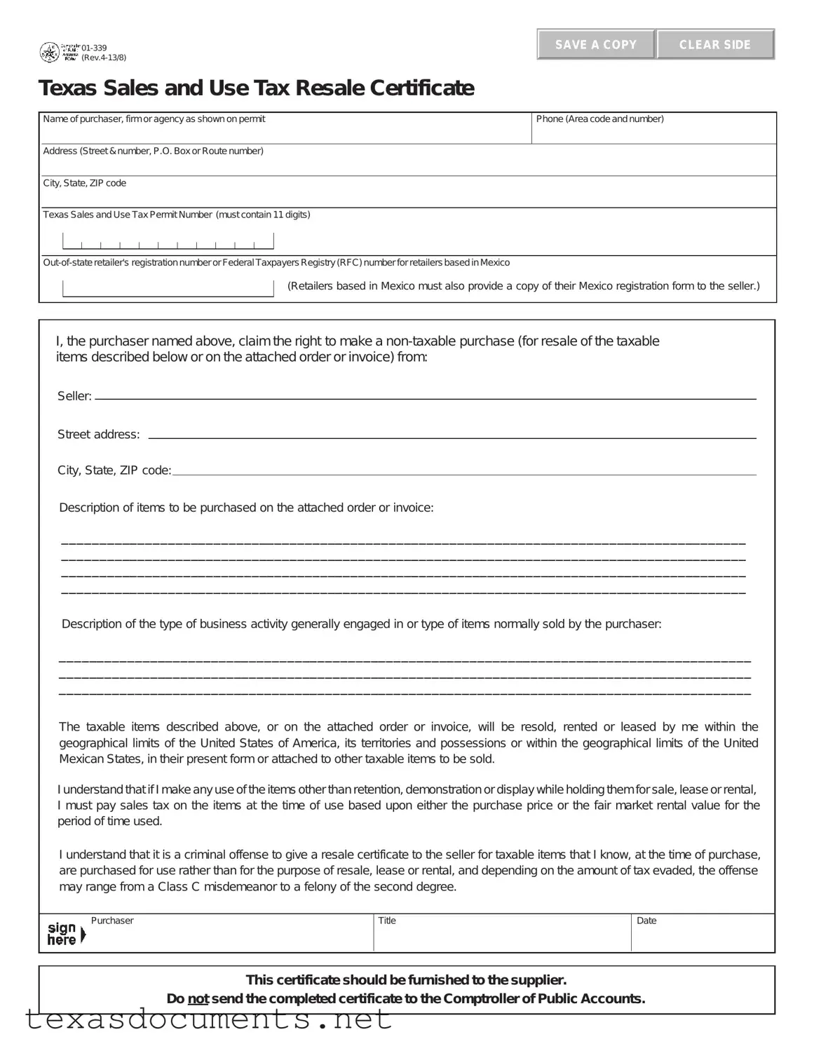 Fill Your Texas Resale Certificate 01 339 Form