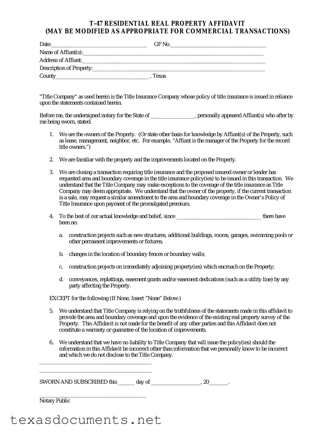 Fill Your Texas residential property affidavit T-47 Form