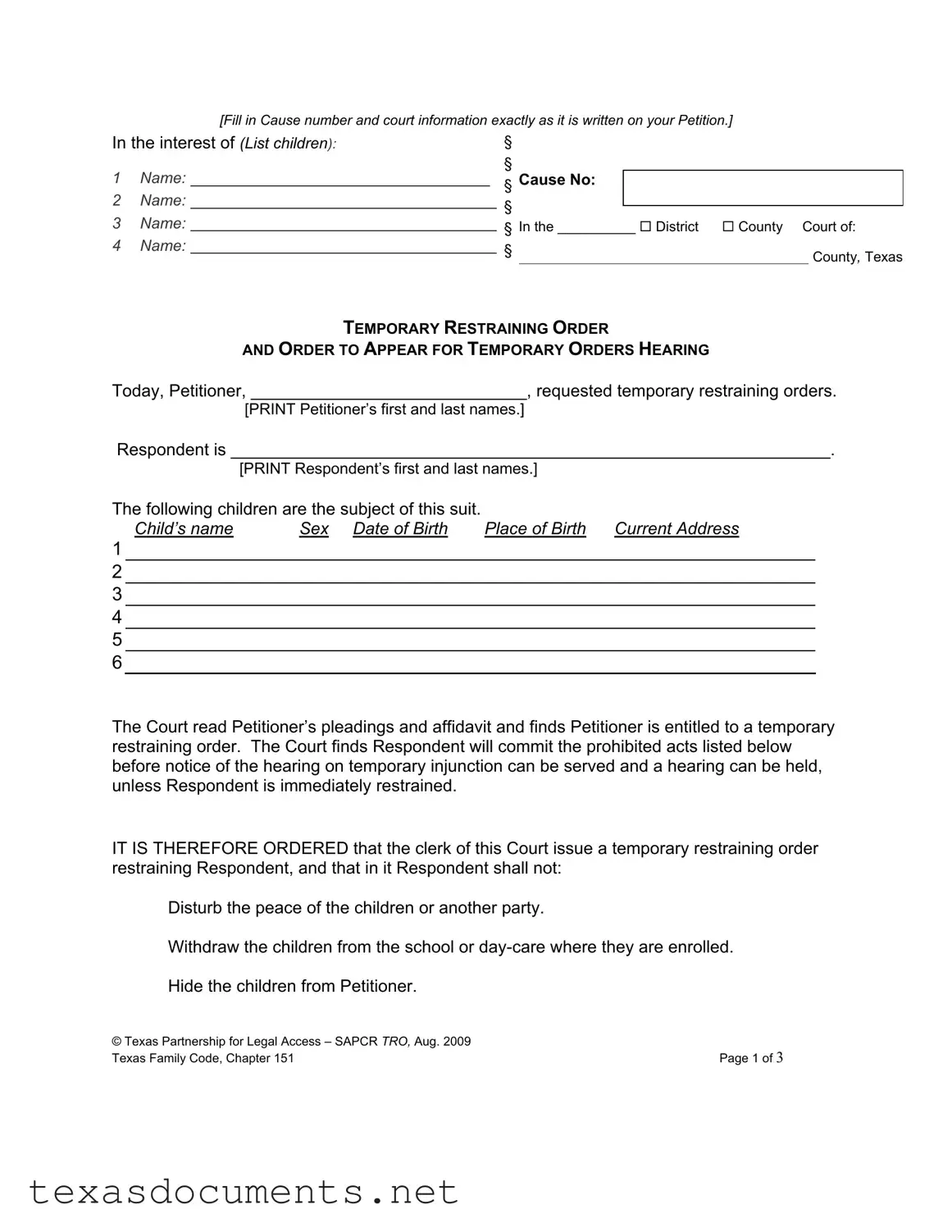 Fill Your Texas Temporary Restraining Order Form