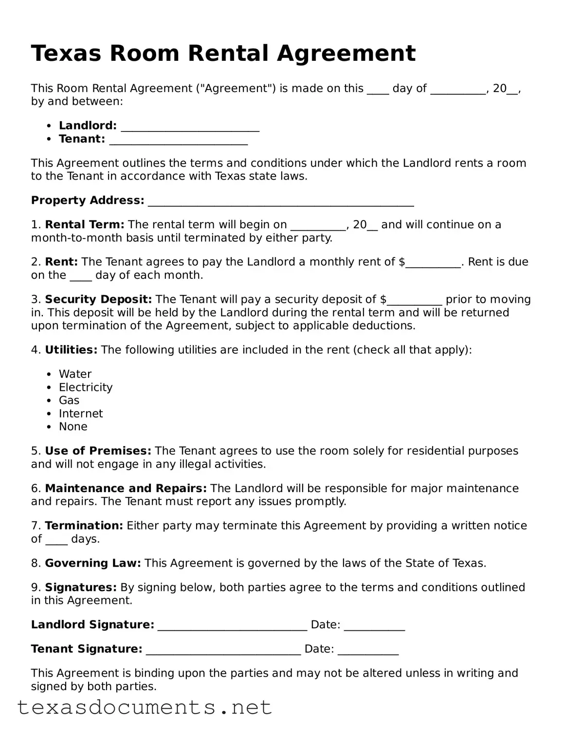 Fillable  Room Rental Agreement Template for Texas