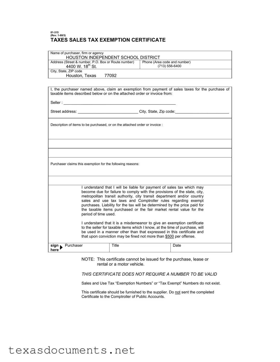 Fill Your Texas Sales Tax Exemption Certificate Form