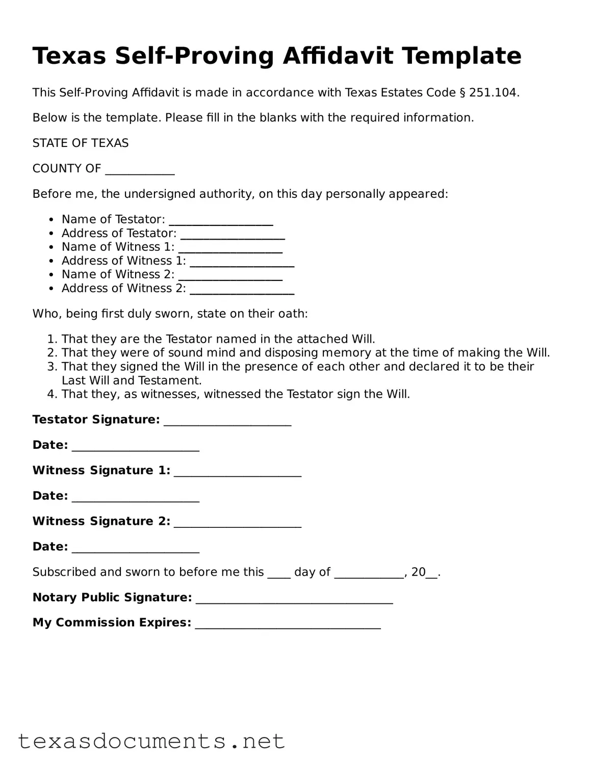 Fillable  Self-Proving Affidavit Template for Texas