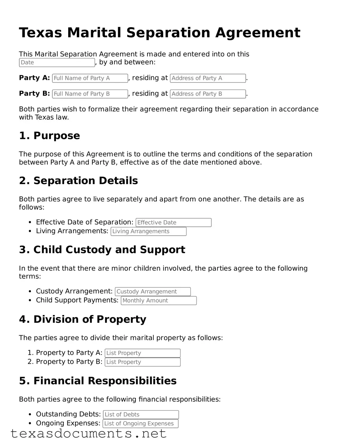 Fillable  Marital Separation Agreement Template for Texas