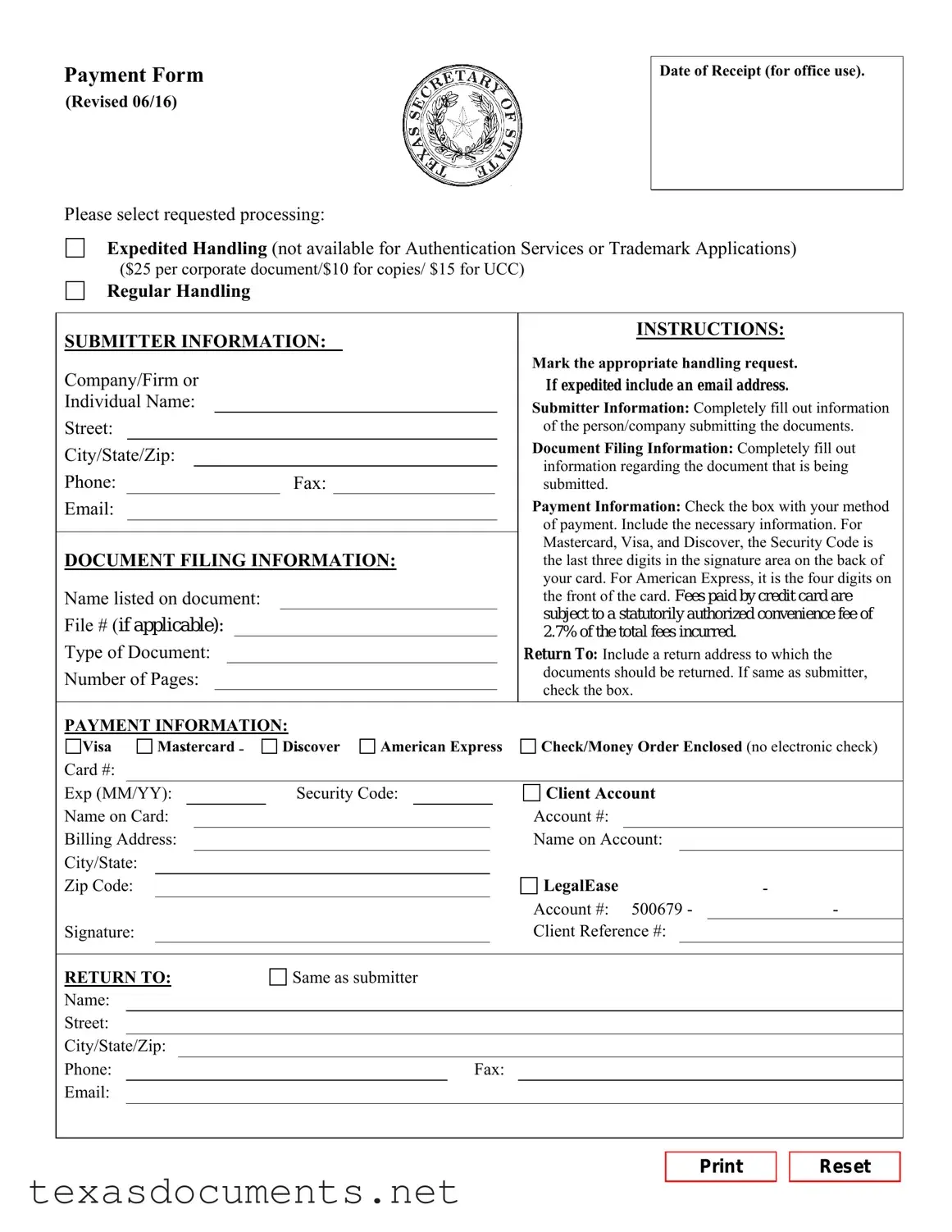 Fill Your Texas Sos Payment 807 Form