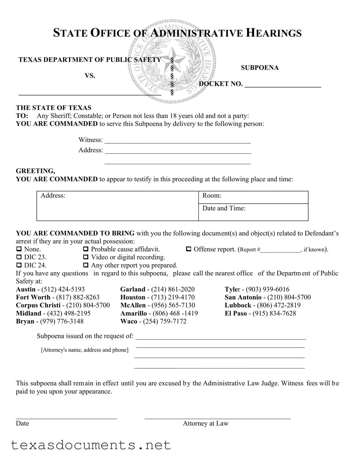 Fill Your Texas Subpoena Form