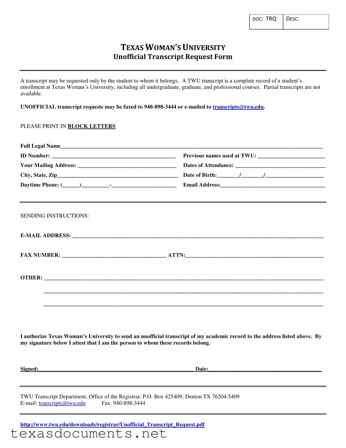 Fill Your Texas Unofficial Transcript Form