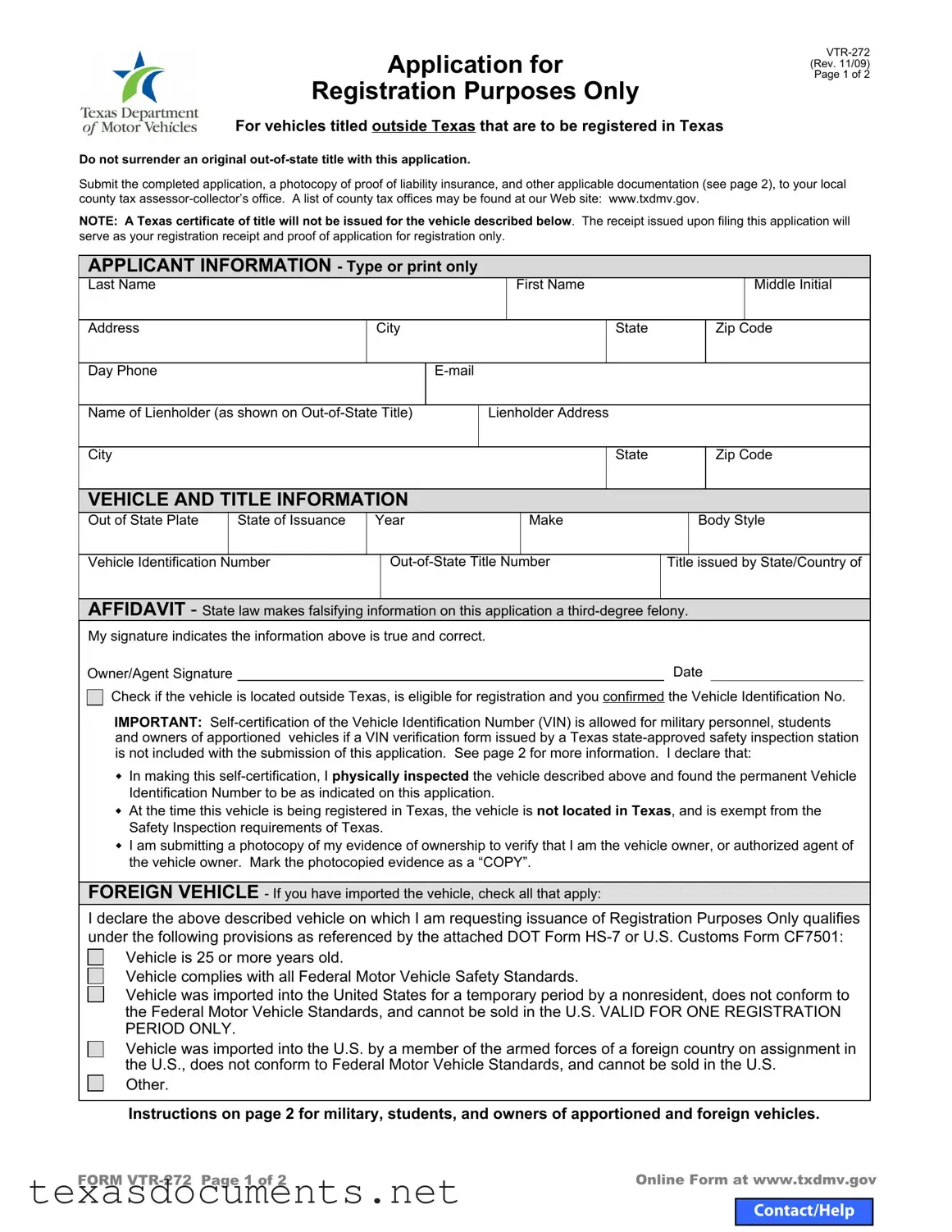 Fill Your Texas Vtr 272 Form