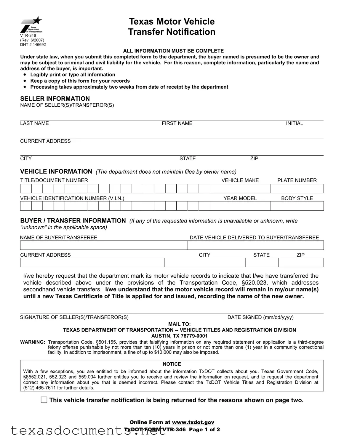Fill Your Texas Vtr 346 Form