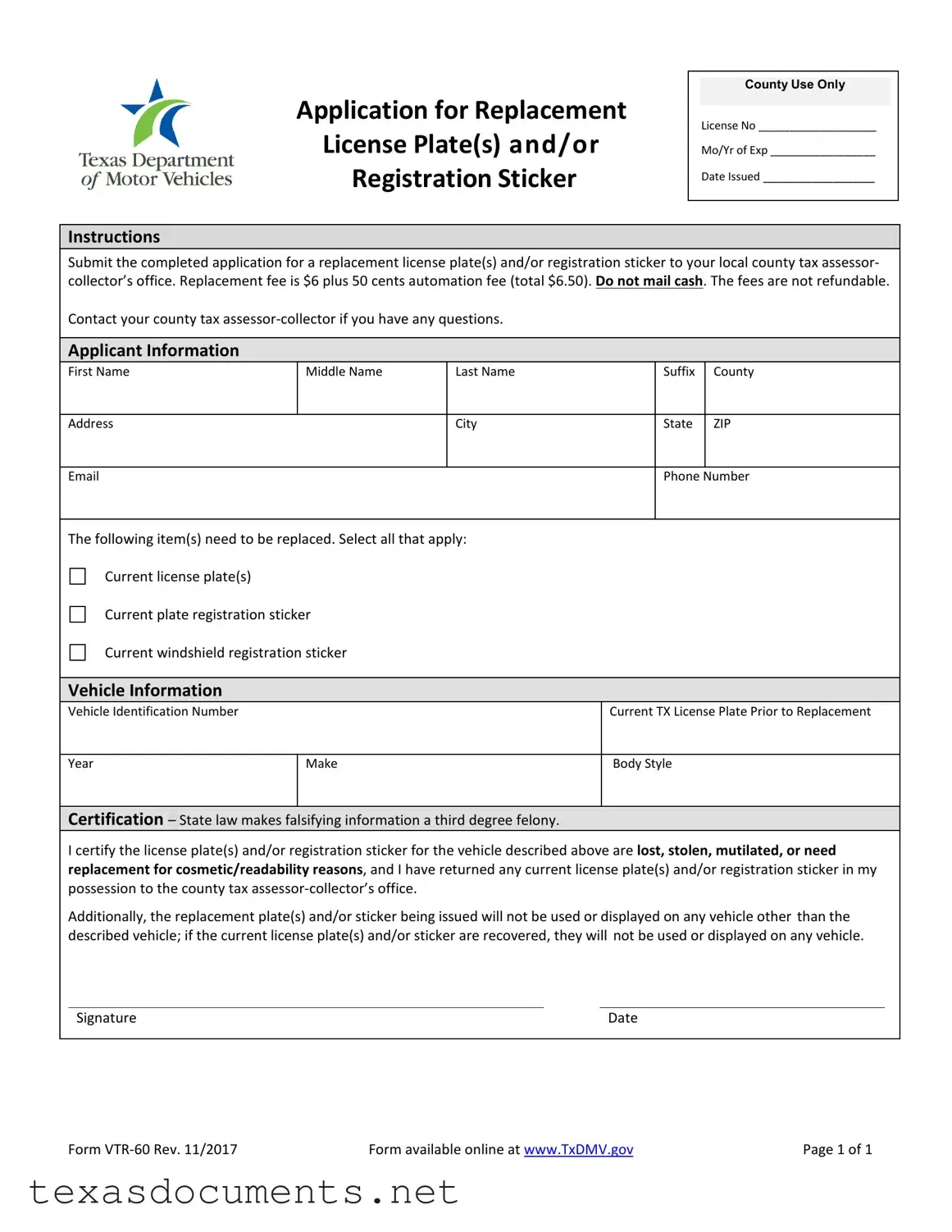Fill Your Texas Vtr 60 Form