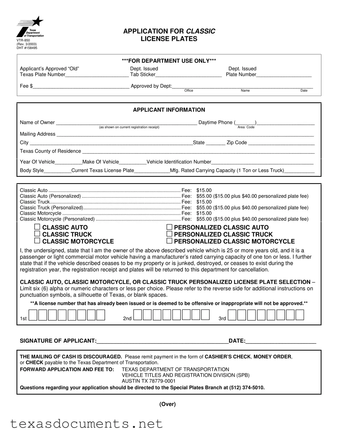 Fill Your Texas Vtr 850 Form