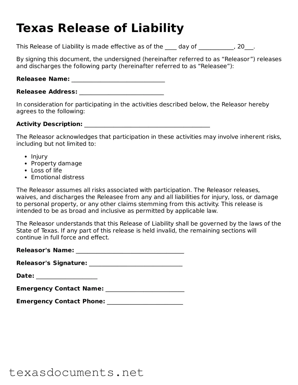 Fillable  Release of Liability Template for Texas